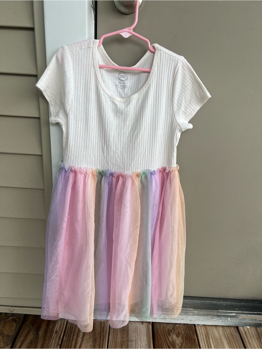 Girls White Dress with Pastel Rainbow Tulle Skirt